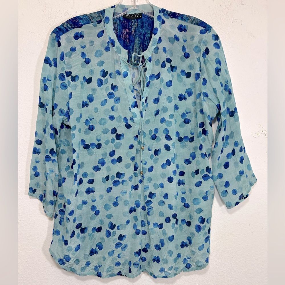 APNY LADIES BLOUSE BLUE XL tunic polka dot career relaxed Lagonlook abstract